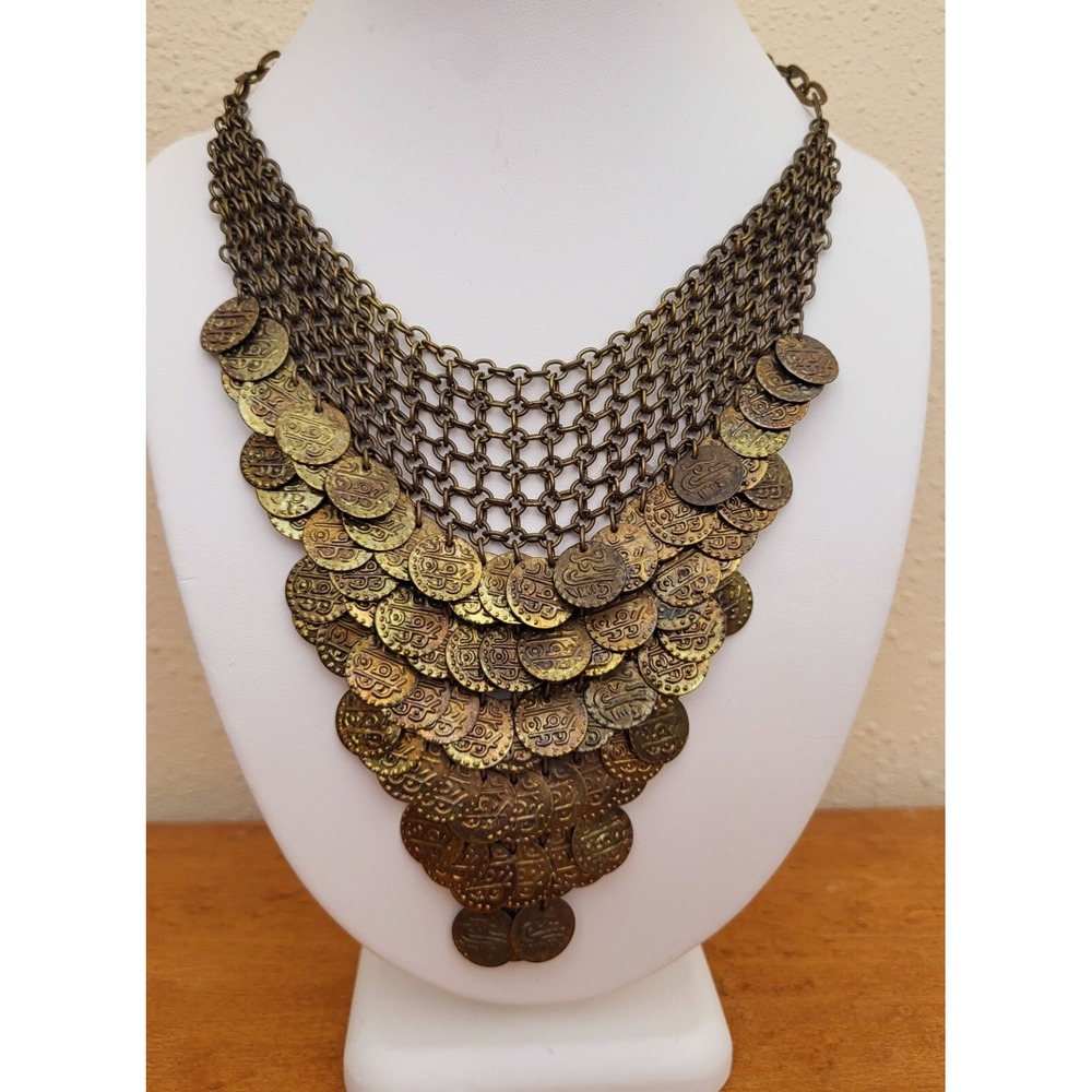 Vintage Tanjore India Necklace Boho Gypsy Coins Bib Style Metal Mesh Layered